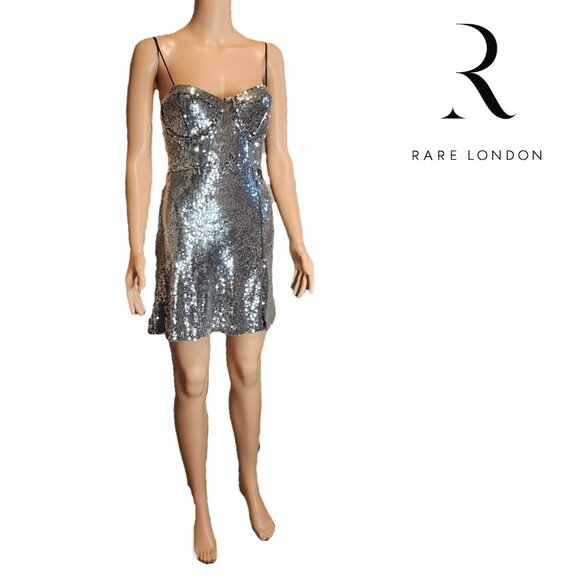 Rare London Silver Sequin Cupped Mini Dress Size 4 Missing Sequins - Picture 1 of 11